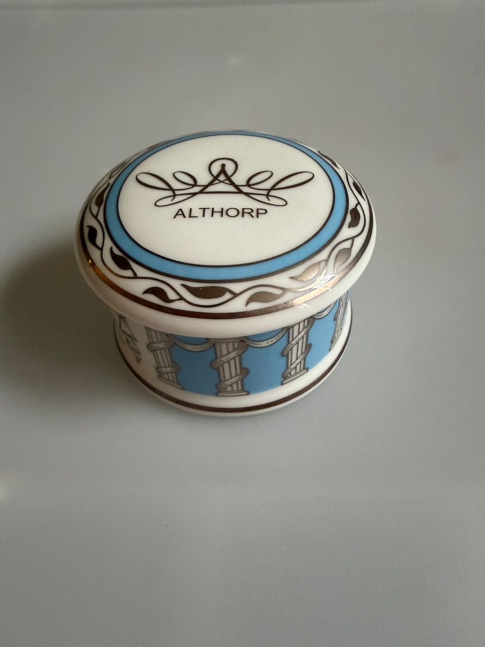 Althorp White, Light Blue and Black Porcelain pill box.Vintage. Collectible 1997